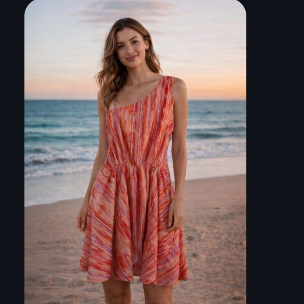 Free People Dress Asymmetrical Mini S/P Orange One-Shoulder 100% Cotton NO BELT